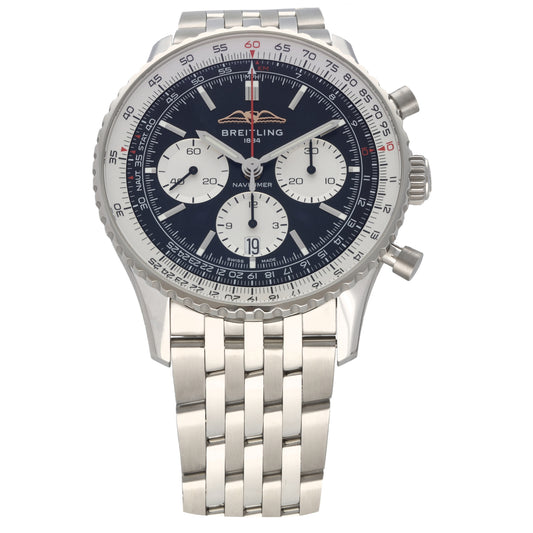 Breitling Navitimer B01 AB0138 Stainless steel chronograph wristwatch with dark blue dial, three subdials, red accents