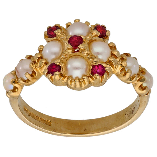 14ct Gold Cultured Pearl & Ruby Dress/Cocktail Ring Size M