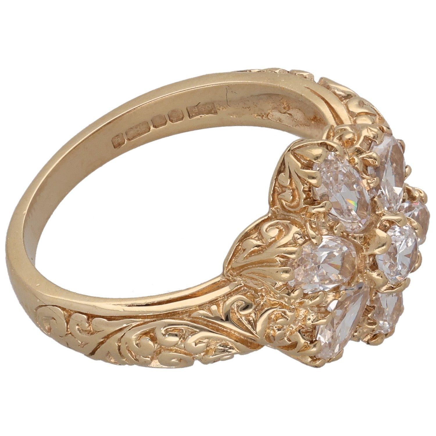 Gold-tone CZ ring with round stone cluster on ornate curved band, side view