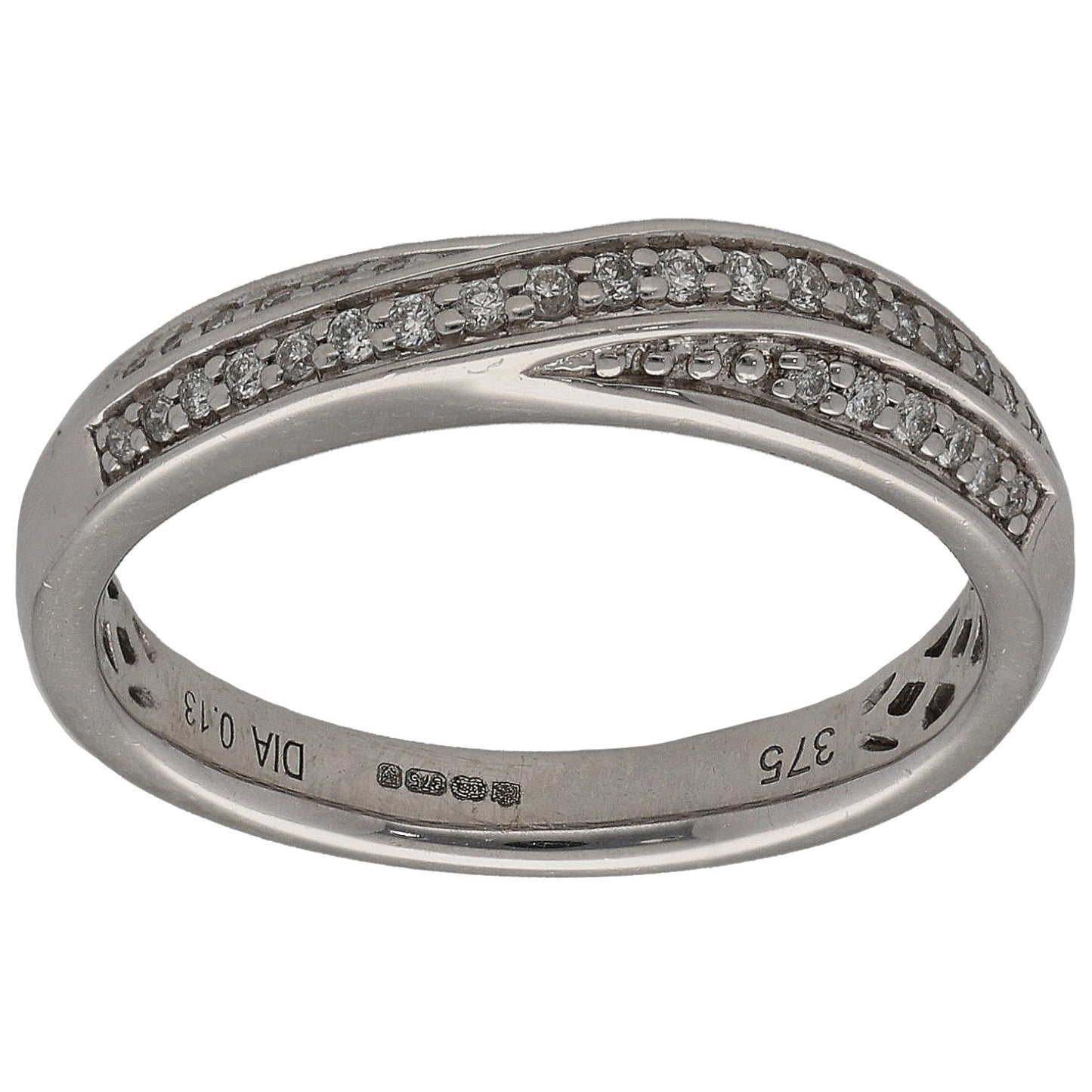 9ct white gold half eternity ring with round diamond-set band, side view