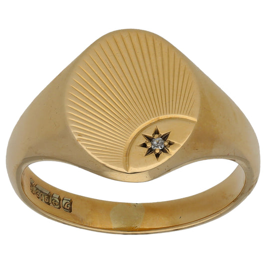 9ct Gold 0.01ct Diamond Patterned Single Stone Signet Ring Size W