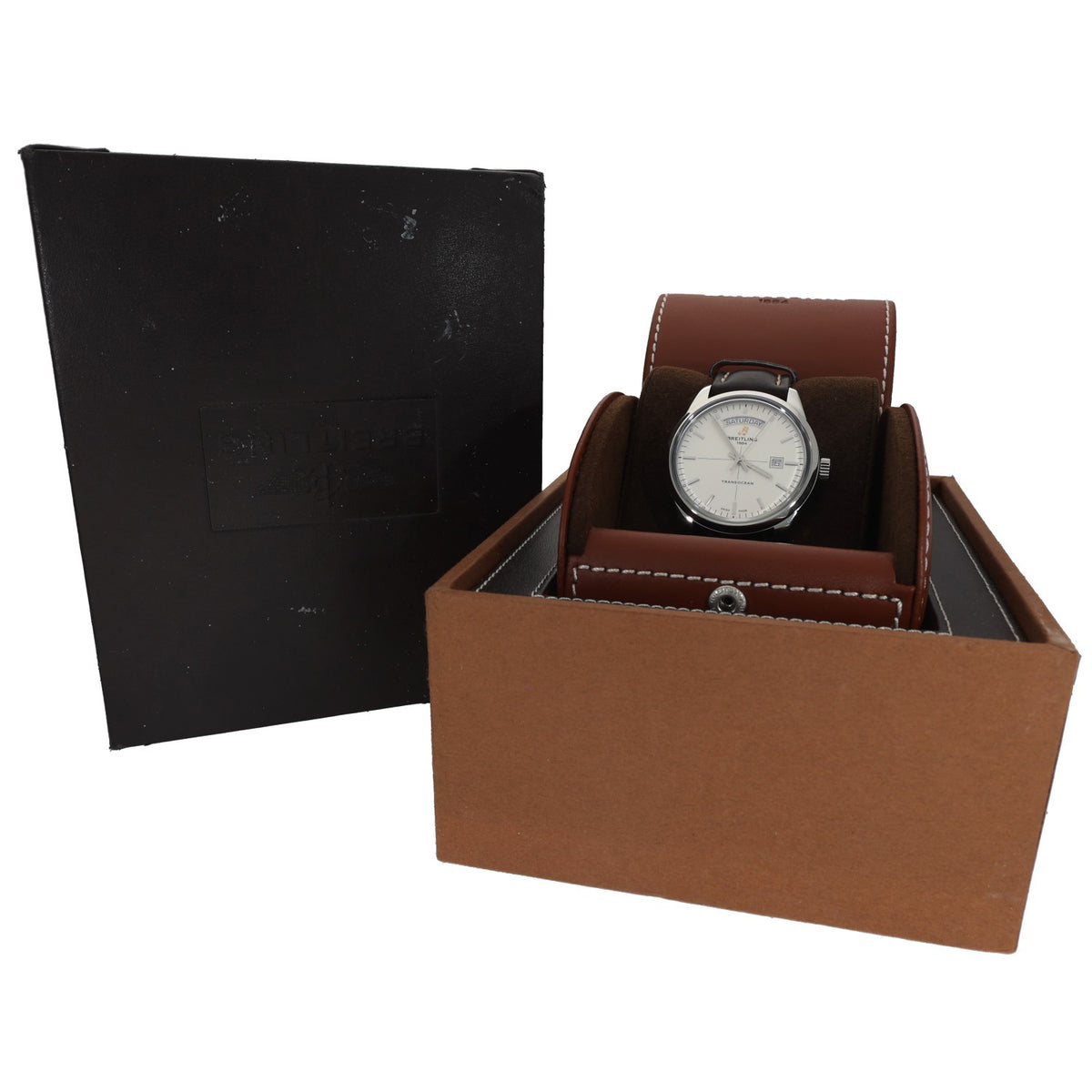 Breitling Transocean A45310 Stainless steel wristwatch resting in brown presentation box with brown leather strap