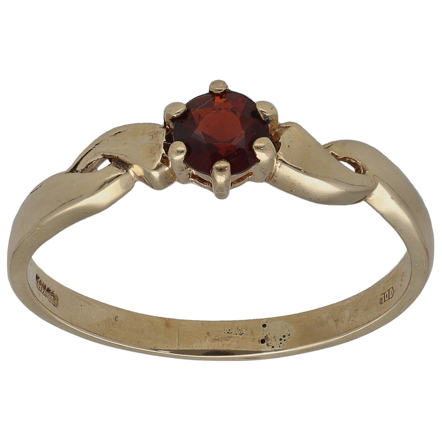 9ct gold garnet single-stone ring with dark red gemstone in prong setting