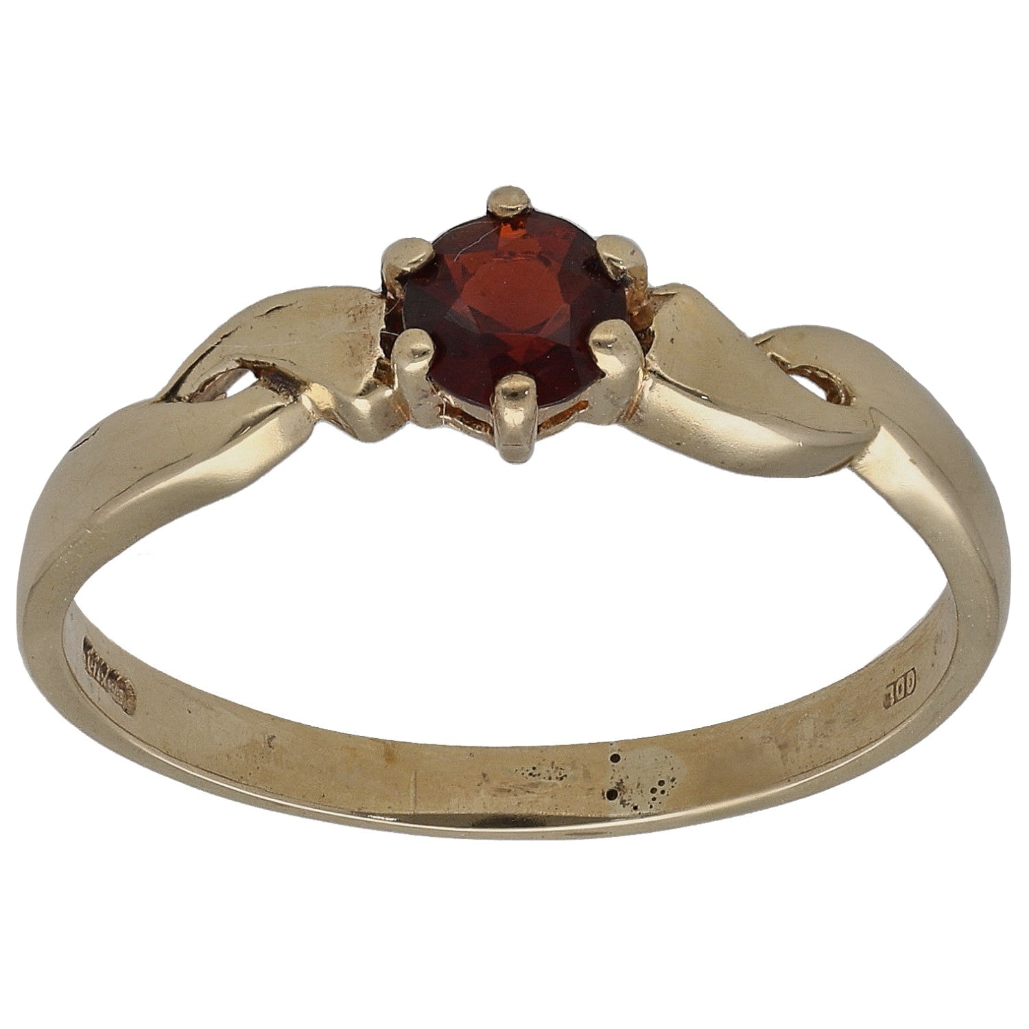 9ct gold garnet single-stone ring with dark red gemstone in prong setting