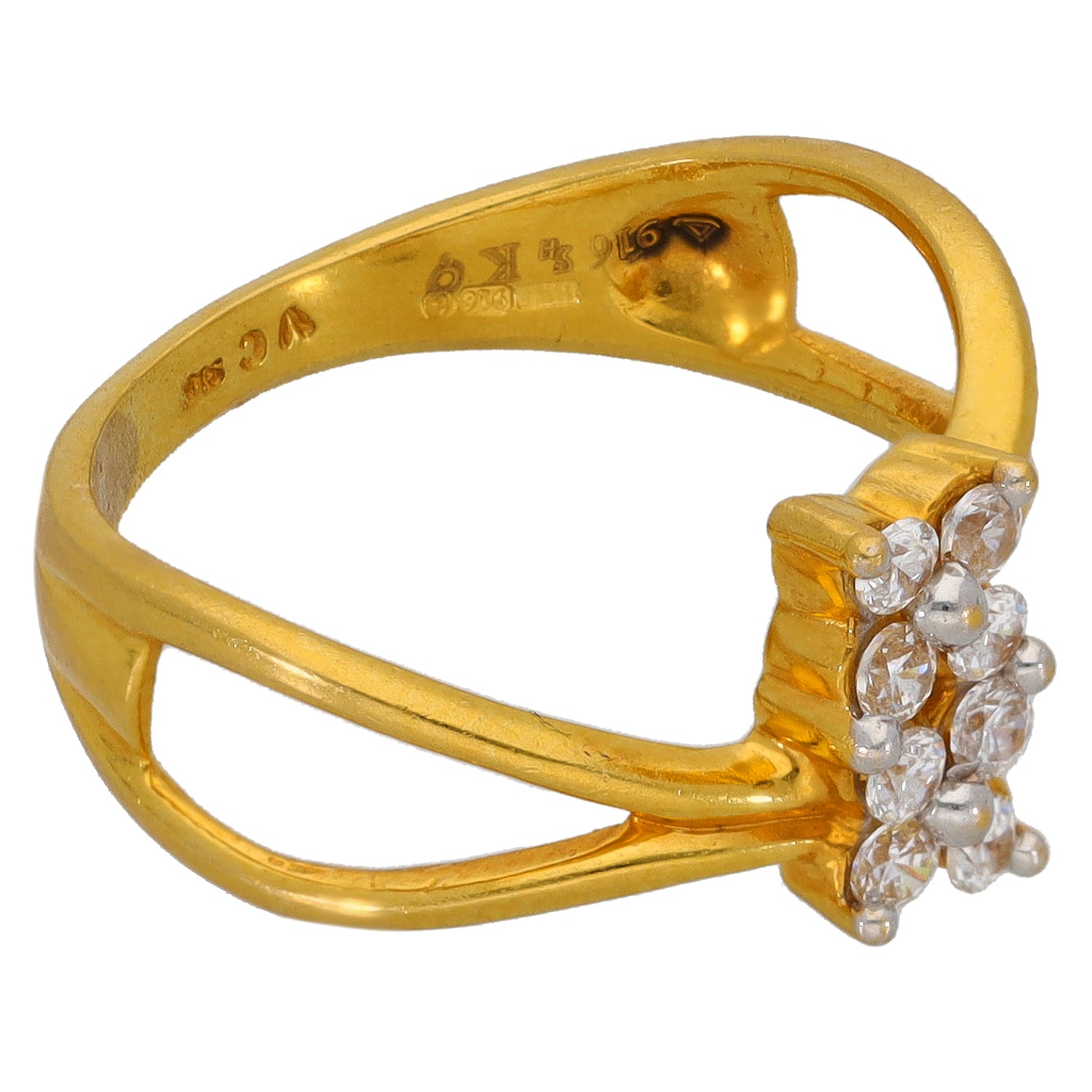 22ct Gold-tone ring with CZ flower cluster on the side and inner hallmark engraving