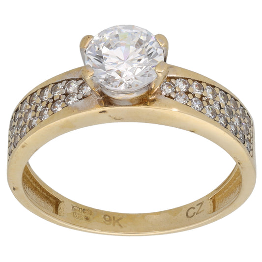 9ct Gold Cubic Zirconia Single Stone Ring with Accent Stones Size R