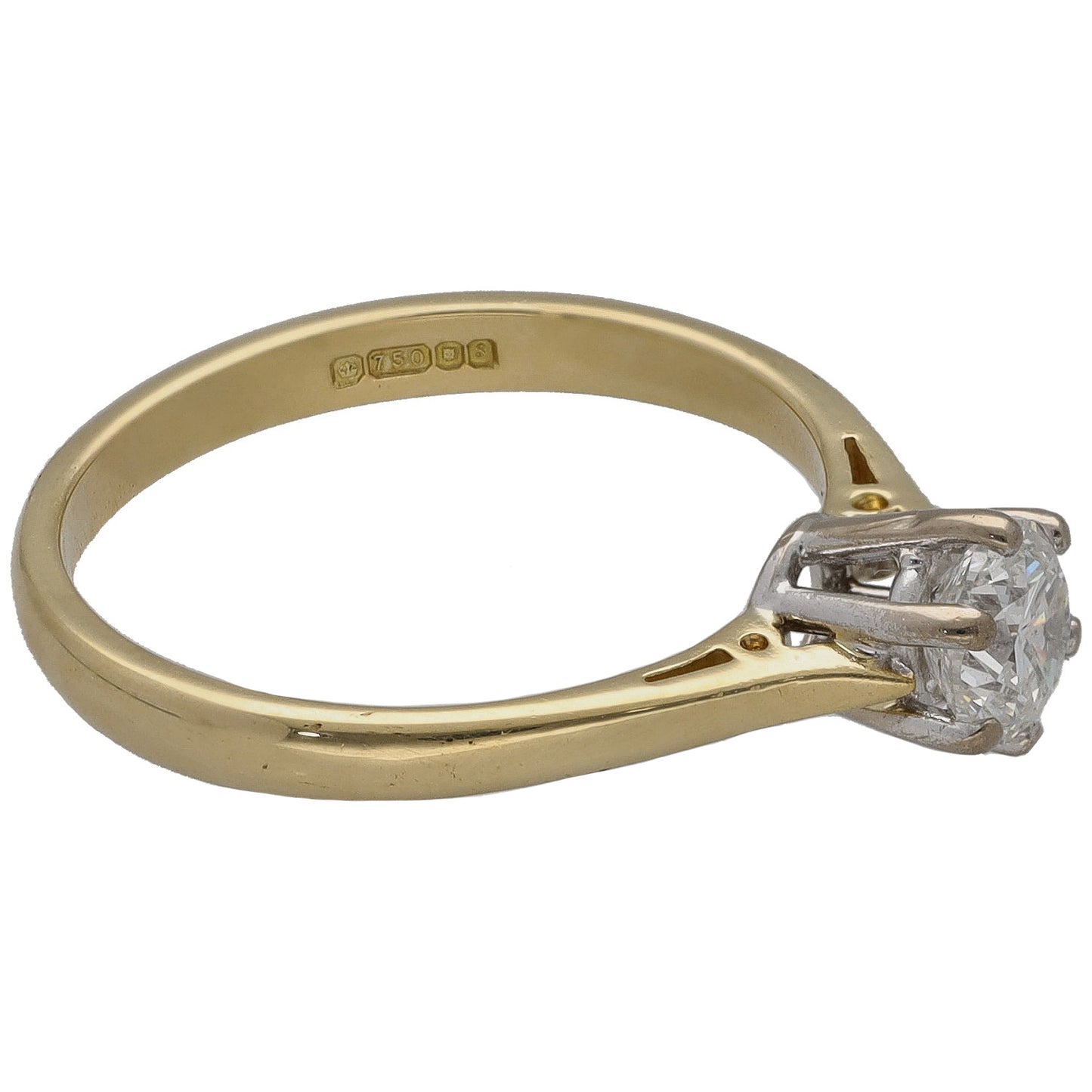 Yellow gold ring with round diamond solitaire set in claw prongs, side view