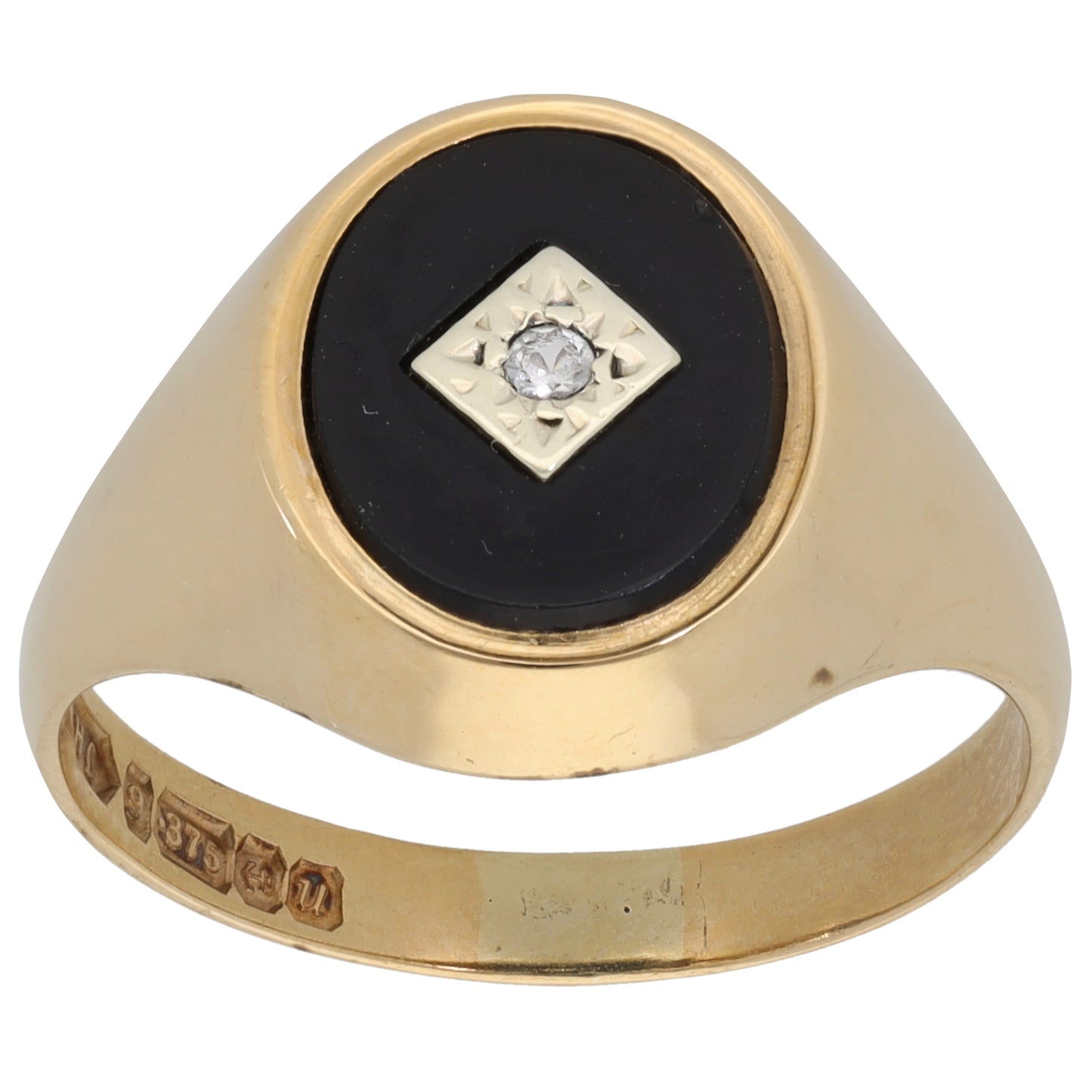 9ct Gold Onyx & Cubic Zirconia Patterned Signet Ring Size V