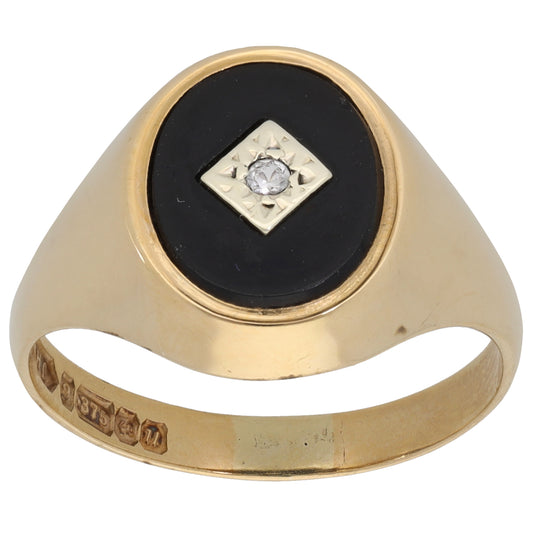 9ct Gold Onyx & Cubic Zirconia Patterned Signet Ring Size V