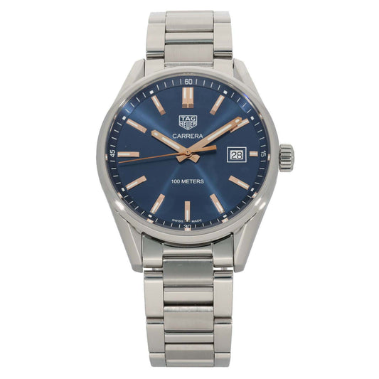 Tag Heuer Carrera WAR1112 Stainless steel watch with blue dial, gold-tone markers, and 3 o'clock date window
