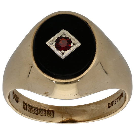 9ct Gold Garnet & Onyx Signet Ring Size P