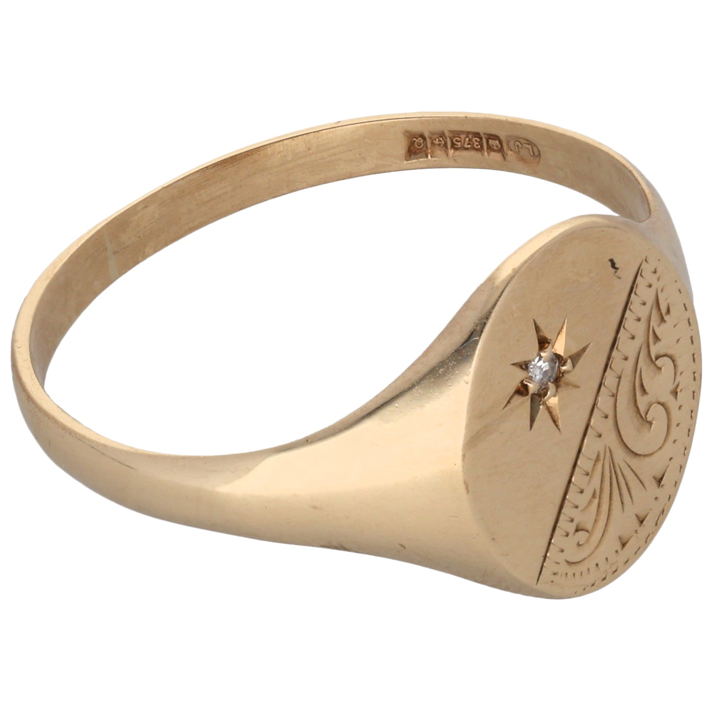 9ct Gold 0.01ct Diamond Single Stone Patterned Signet Ring Size X