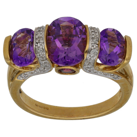 9ct Gold 0.13ct Diamond, Amethyst & Garnet Dress/Cocktail Ring Size N