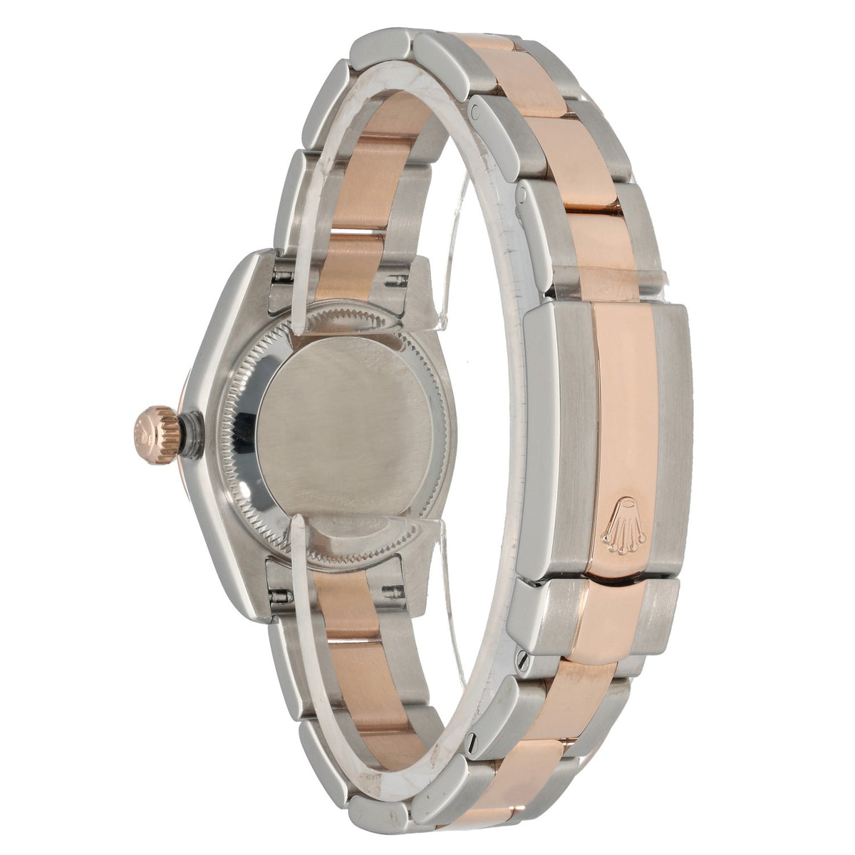 Rolex Lady Datejust 179171, stainless steel and 18ct rose gold case and bracelet, rear clasp and baseback angle