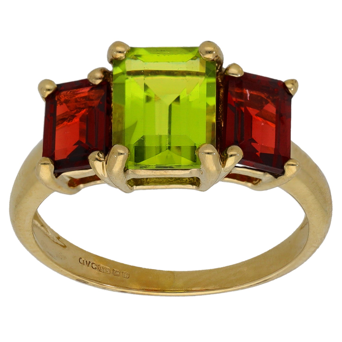 9ct Gold Peridot & Garnet Trilogy Ring Size L