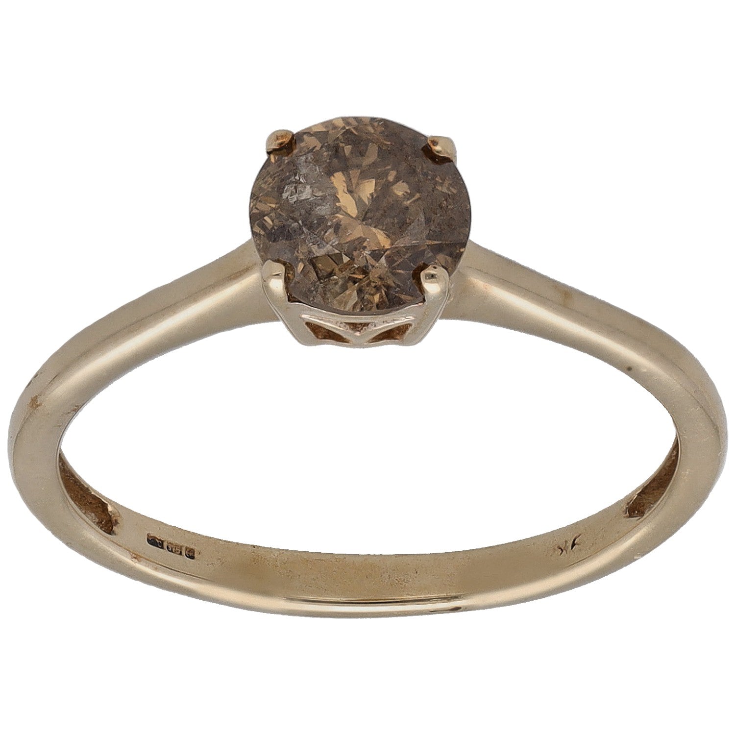 9ct gold solitaire ring with round brown diamond, four-prong setting