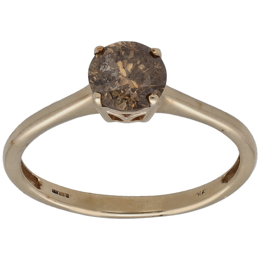 9ct gold solitaire ring with round brown diamond, four-prong setting