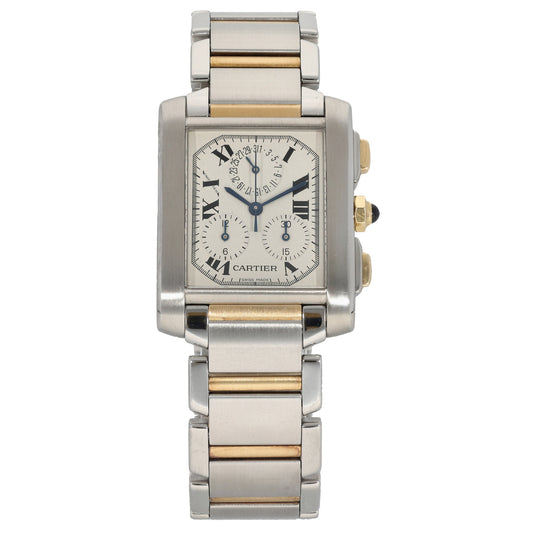 Bi-color Cartier Tank Francaise Chronoflex watch with white dial, steel and gold bracelet