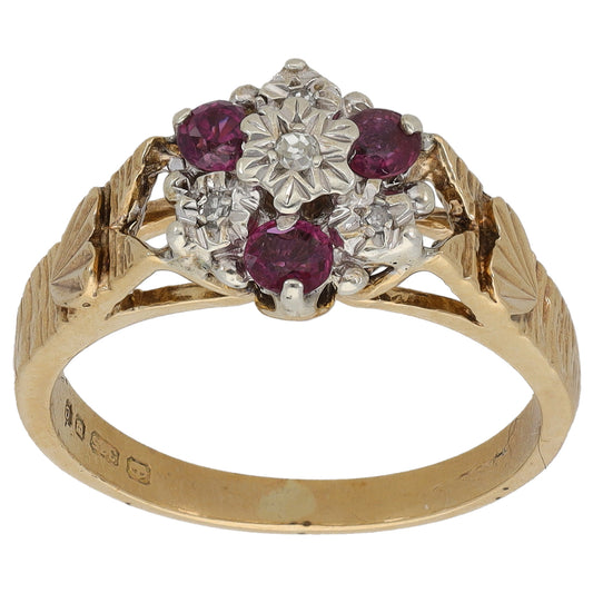 9ct Gold Ruby & 0.035ct Diamond Cluster Ring Size N