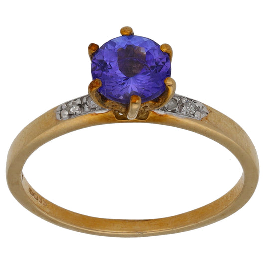 9ct Gold Tanzanite & 0.04ct Diamond Single Stone Ring with Accent Stones Size N