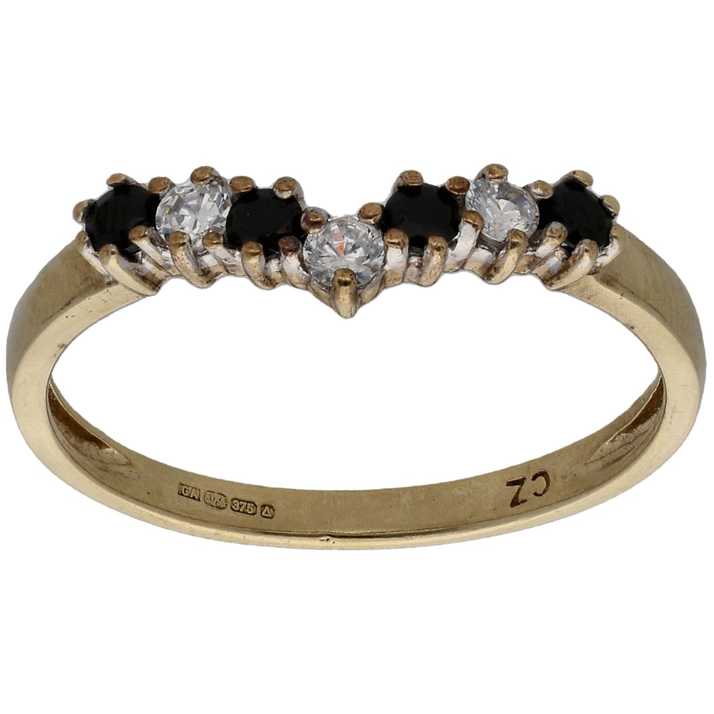 9ct Gold Sapphire & Cubic Zirconia Wishbone Ring Size O