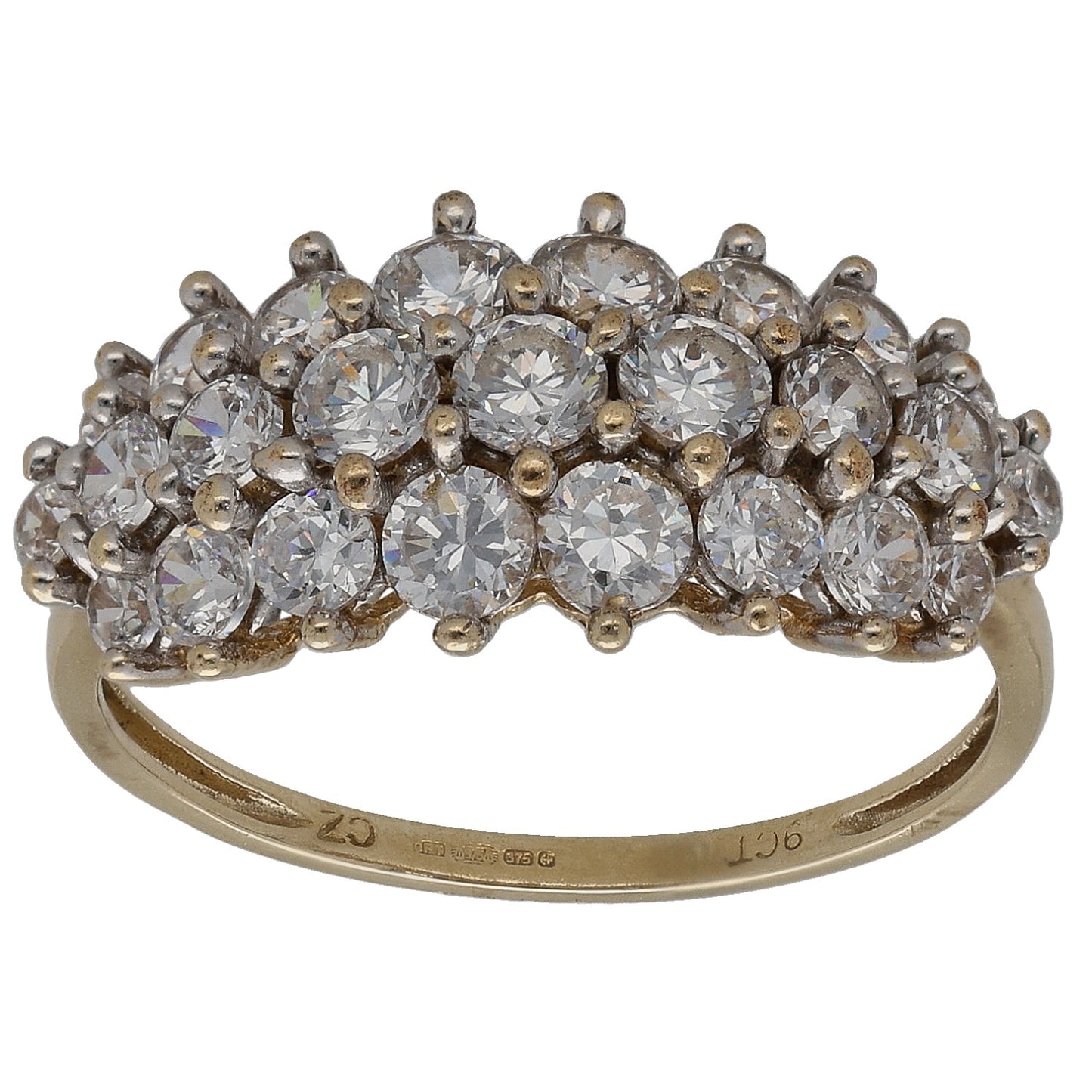 9ct gold CZ dress ring with clustered clear stones, size O