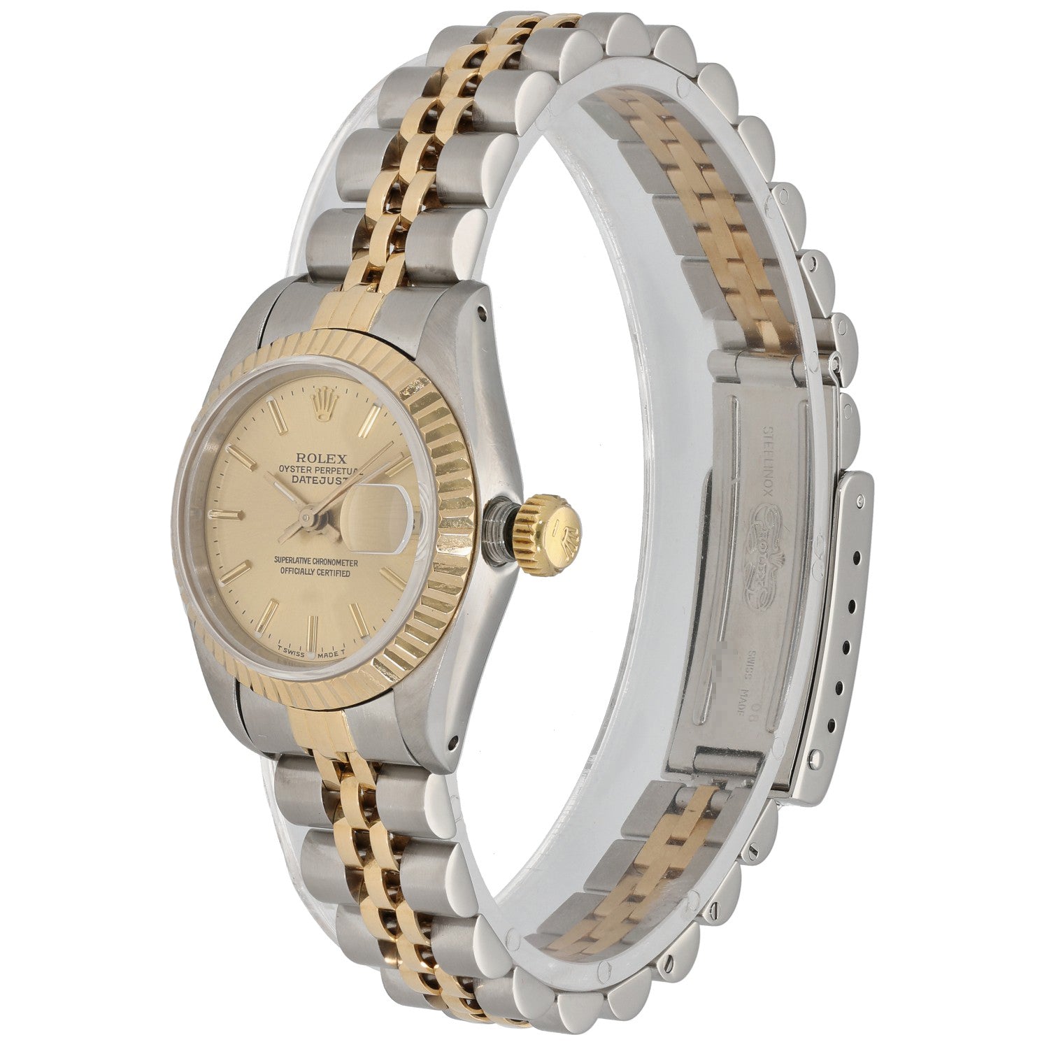 Rolex Oyster Perpetual 69173 bi-colour watch viewed from the side, gold accents on bracelet