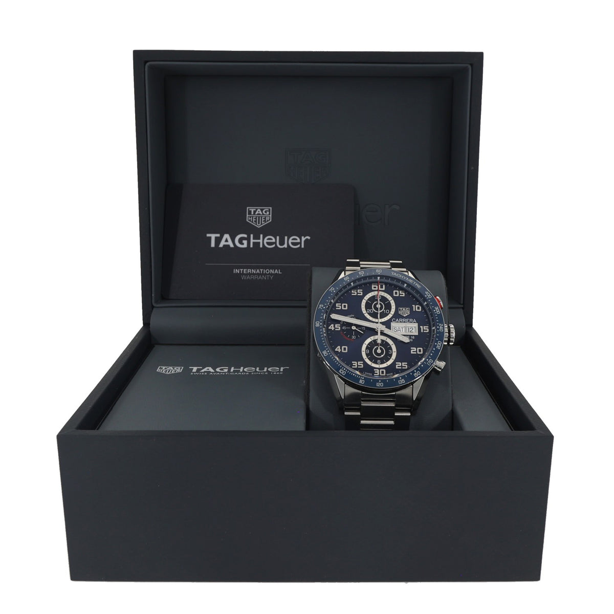 Tag Heuer Carrera CV2A1V, with rich blue dial and bezel with a tachy meter and other sub dials inside Tag Heuer box.