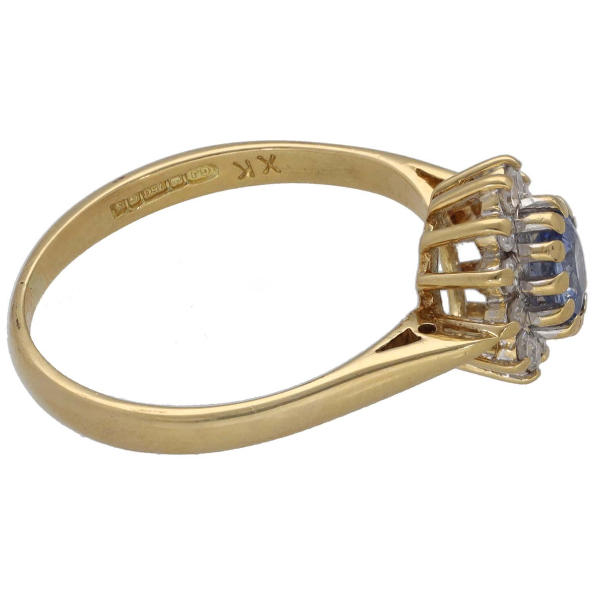 Gold ring band with blue sapphire and diamond halo setting, side view