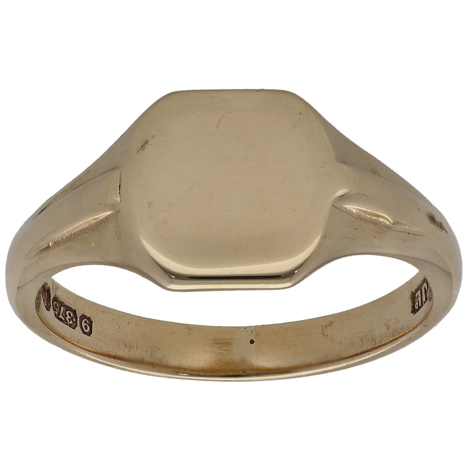 Plain 9ct gold signet ring with smooth oval face and curved shoulders