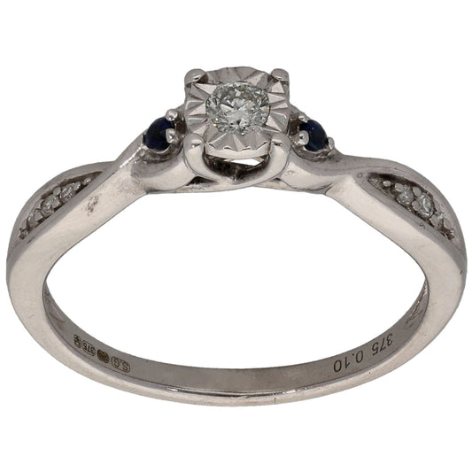 9ct White Gold 0.10ct Diamond & Sapphire Solitaire Ring With Accent Stones Size L