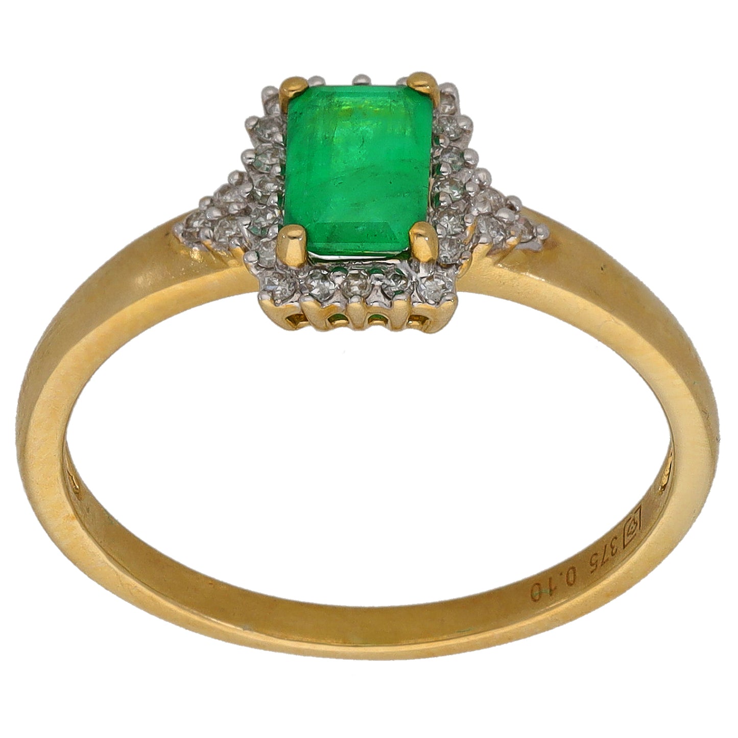 9ct gold ring with square emerald center and diamond halo, gold band front view