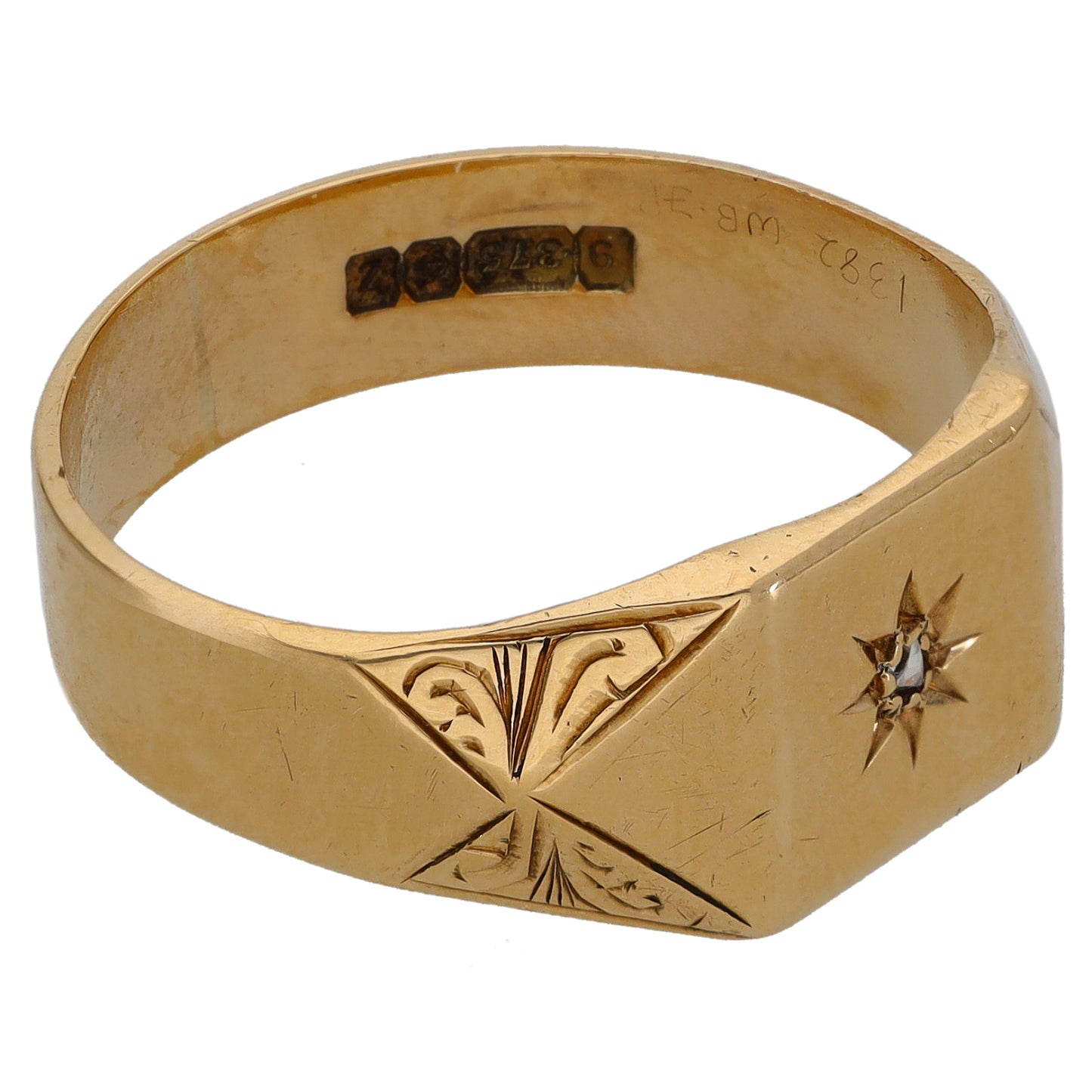 9ct Gold 0.01ct Diamond Patterned Single Stone Signet Ring Size V