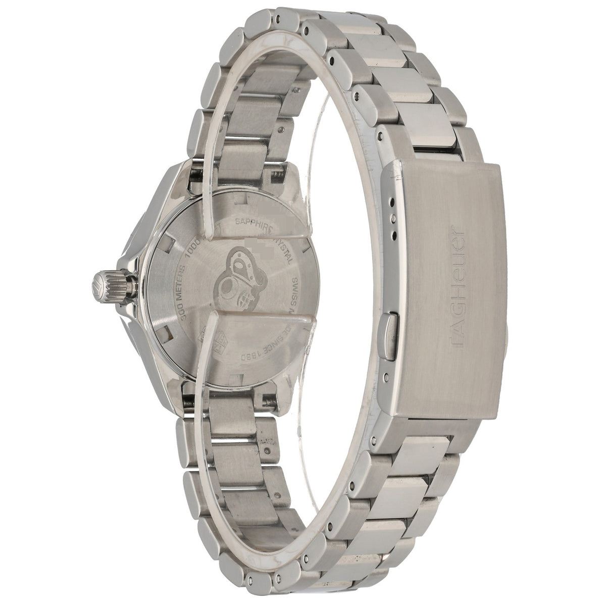 Tag Heuer Aquaracer WBD1414 Stainless steel wristwatch caseback view with crown and metal bracelet