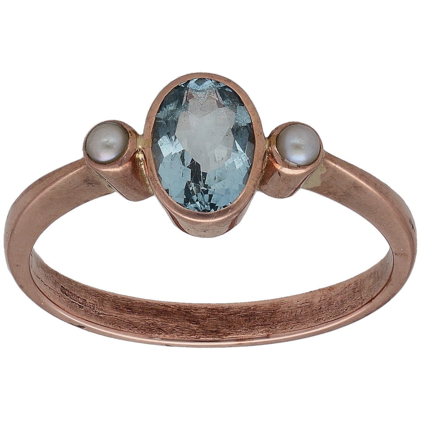 9ct rose gold ring with oval aquamarine center and two cultured pearl accents