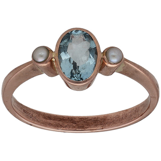 9ct rose gold ring with oval aquamarine center and two cultured pearl accents