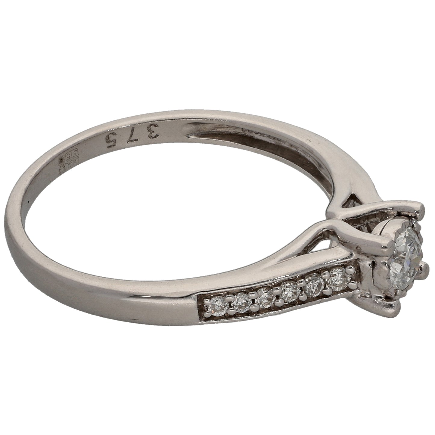 9ct White Gold 0.25ct Diamond Solitaire Ring With Accent Stones Size M