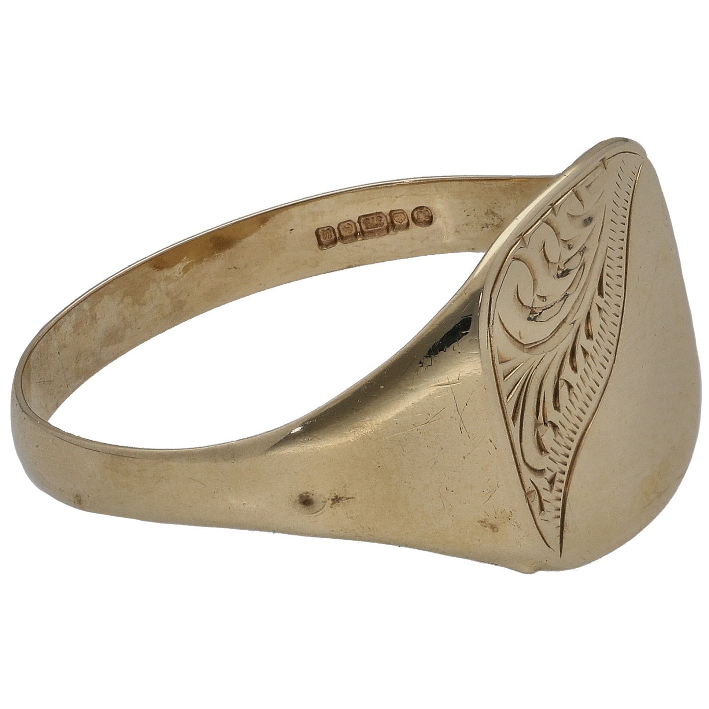 9ct gold signet ring band with engraved side panel and hallmark on inside