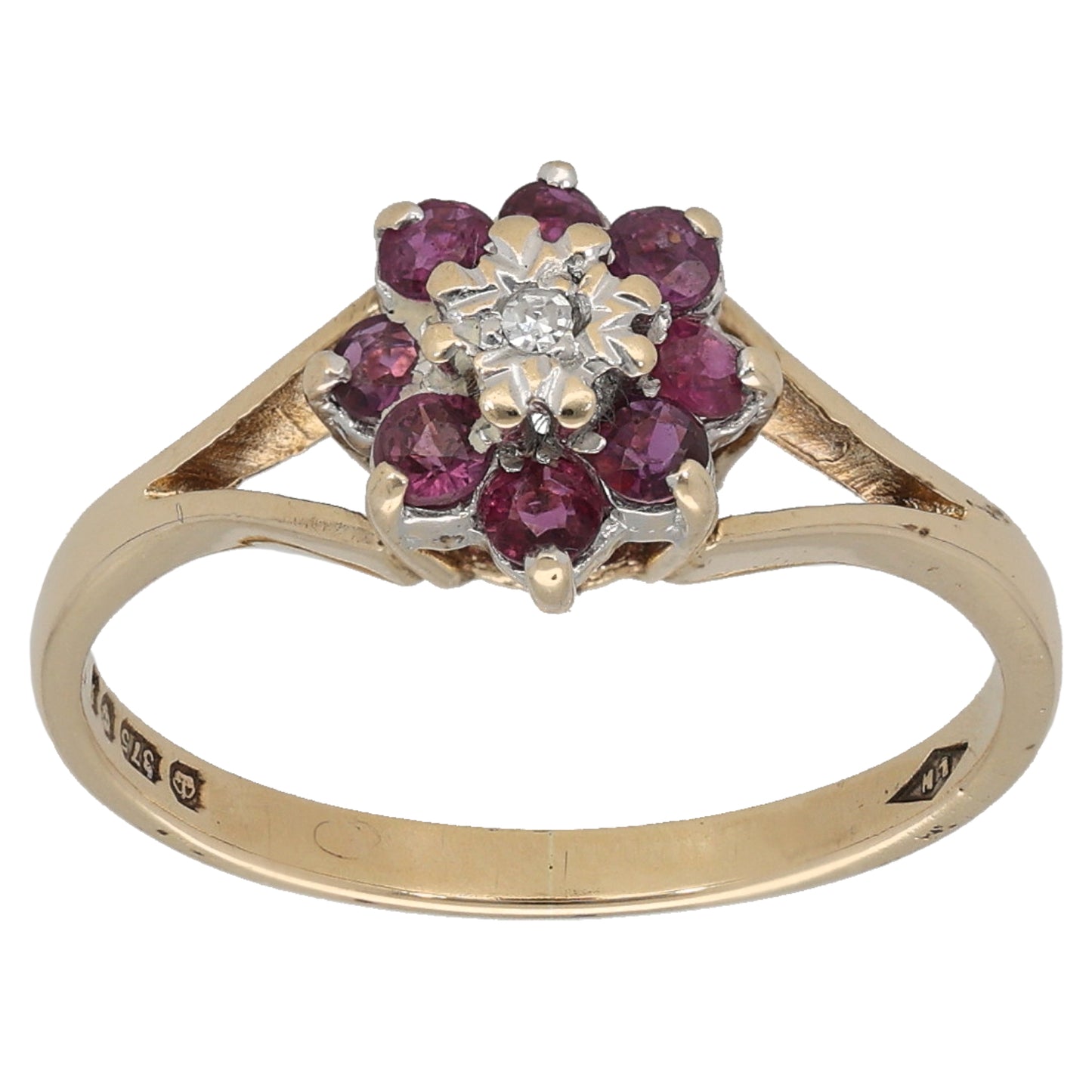 9ct Gold Ruby & 0.005ct Diamond Cluster Ring Size M