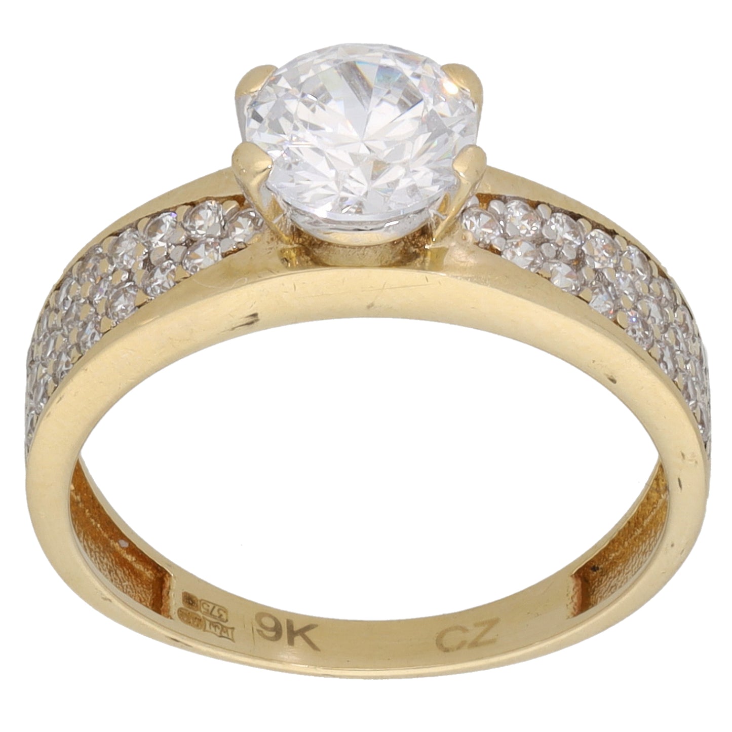 9ct Gold Cubic Zirconia Single Stone Ring with Accent Stones Size N