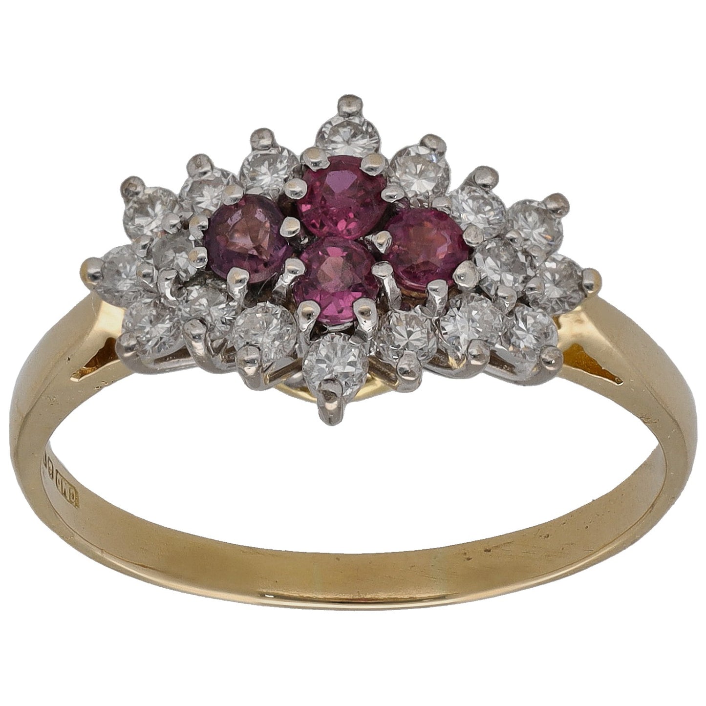 Yellow gold dress ring with oval ruby center, surrounded by round diamond clusters on band