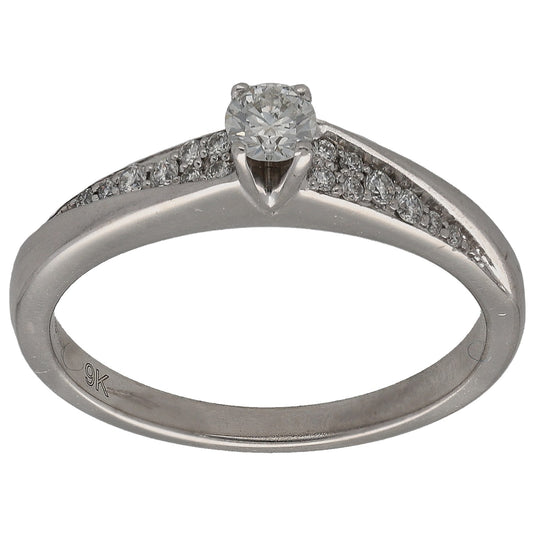 9ct White Gold 0.25ct Diamond Solitaire Ring With Accent Stones Size M