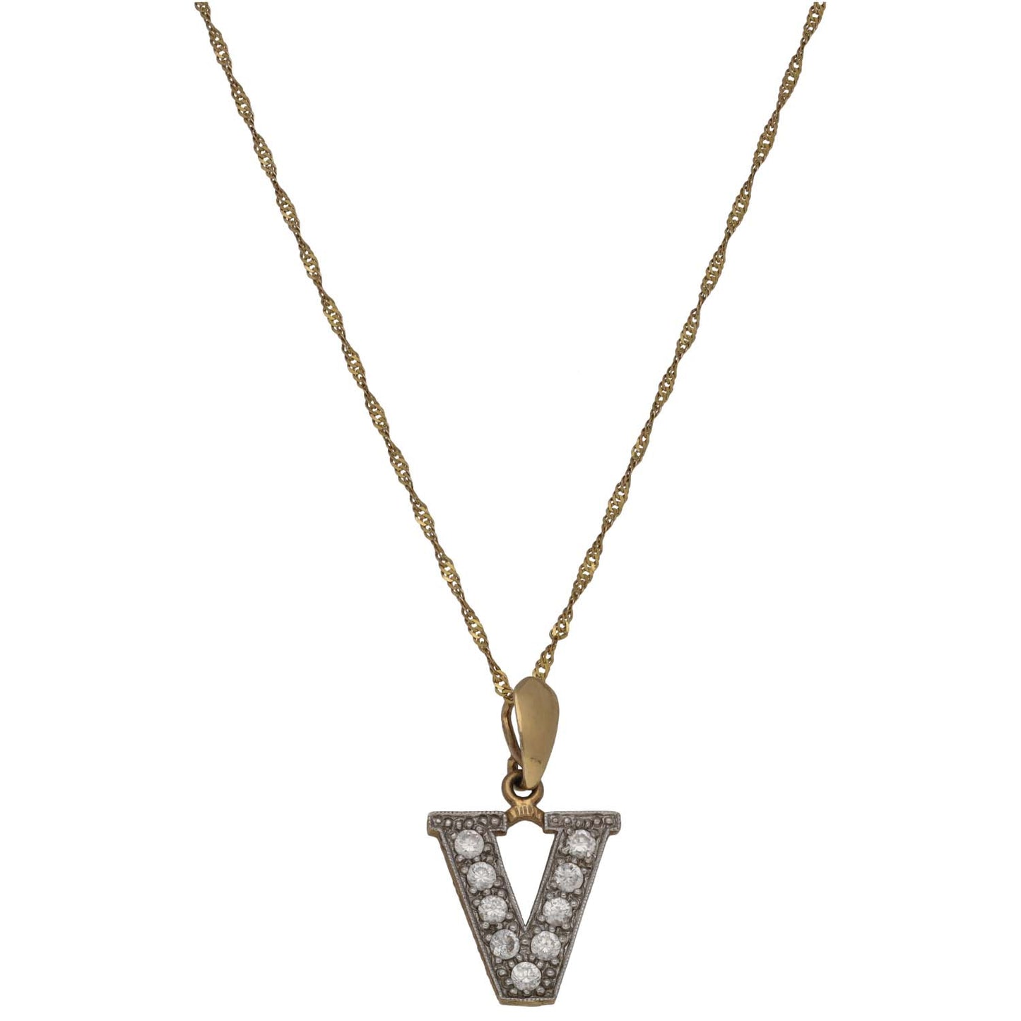 9ct gold CZ initial pendant necklace with V letter pendant