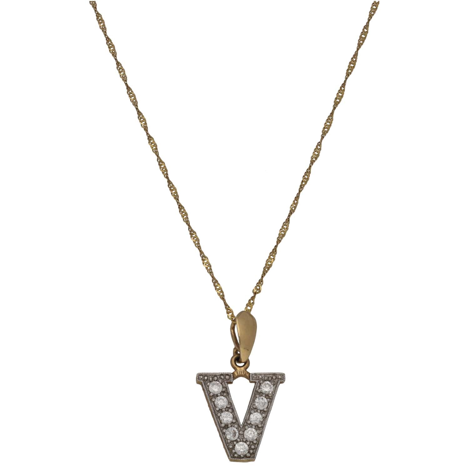 9ct gold CZ initial pendant necklace with V letter pendant