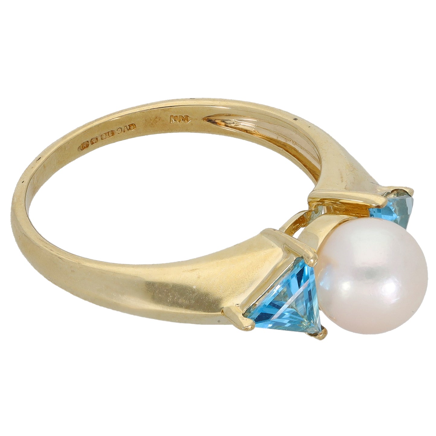 9ct Gold Cultured Pearl & Topaz Trilogy Ring Size P 1/2