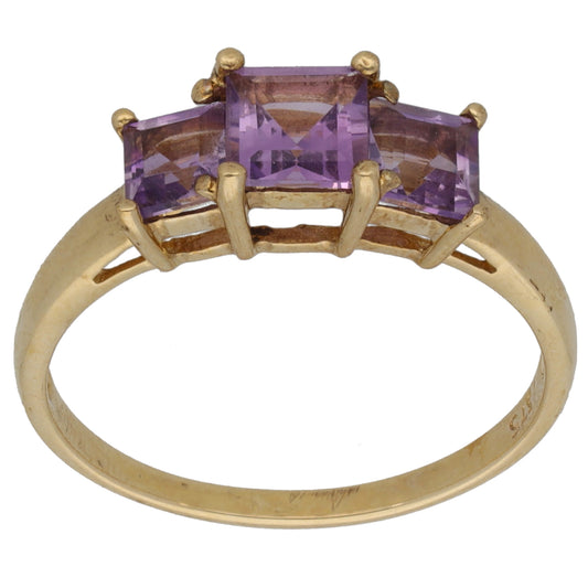 9ct Gold Amethyst Three Stone Ring Size P