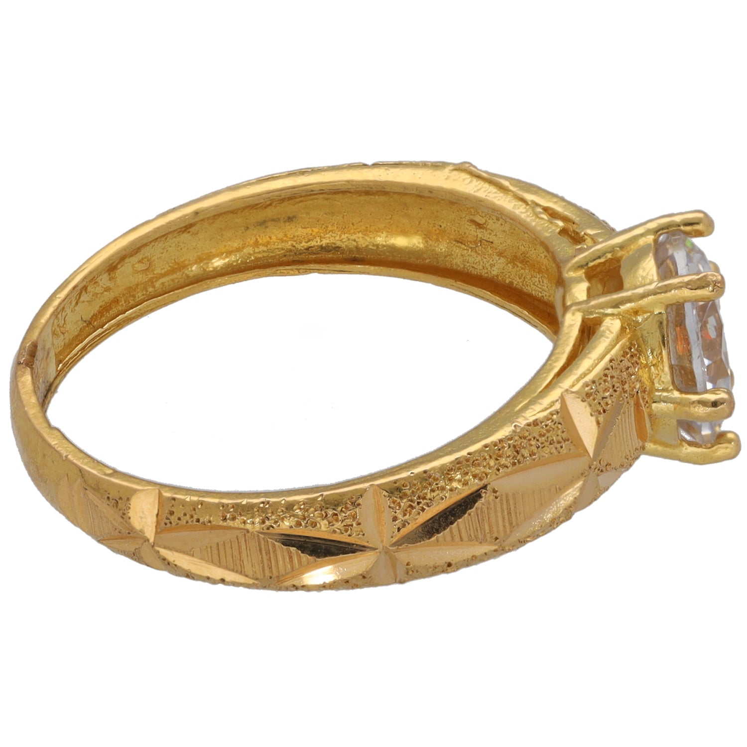 Gold-tone single-stone ring side profile with round clear cz and four prongs