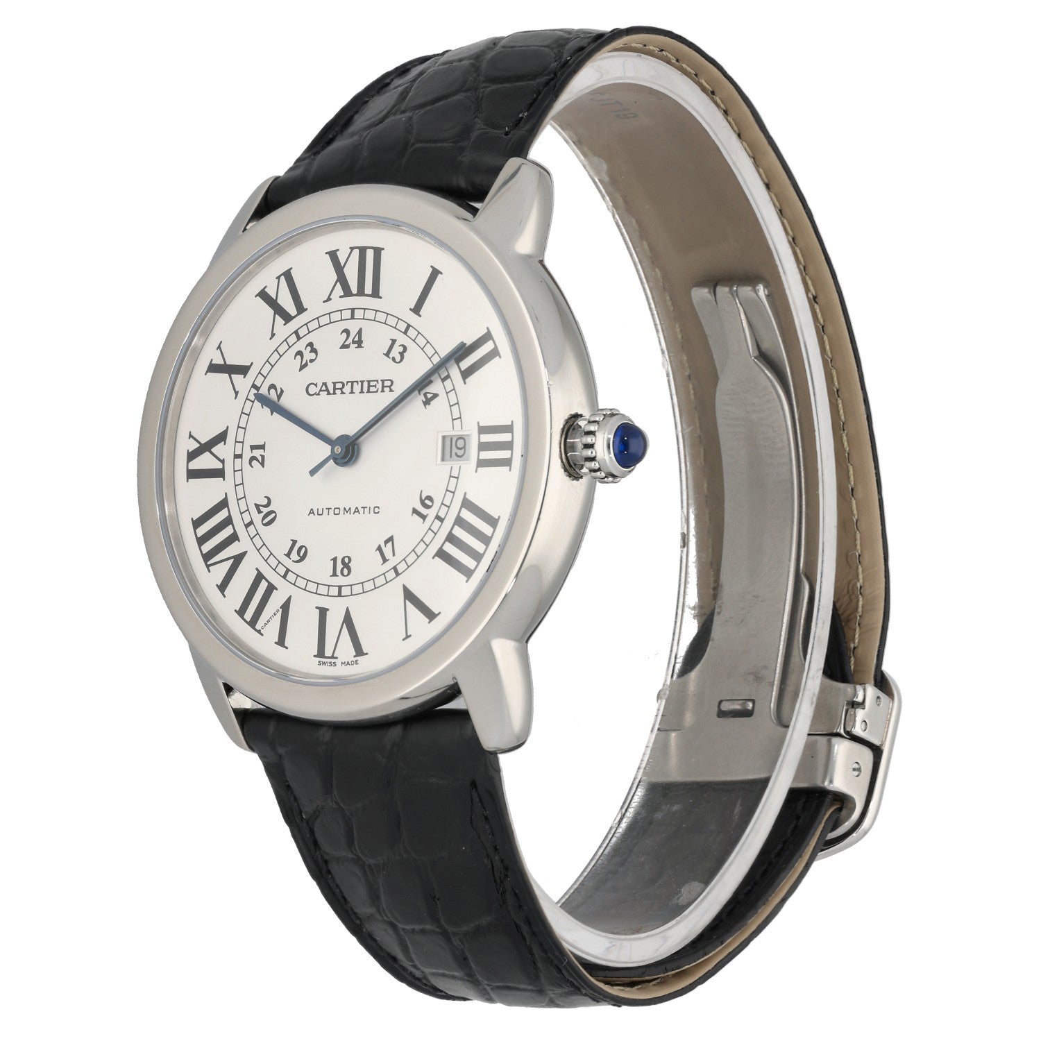 Stainless steel Cartier Ronde Solo 3517 wristwatch with black leather strap, angled case and crown