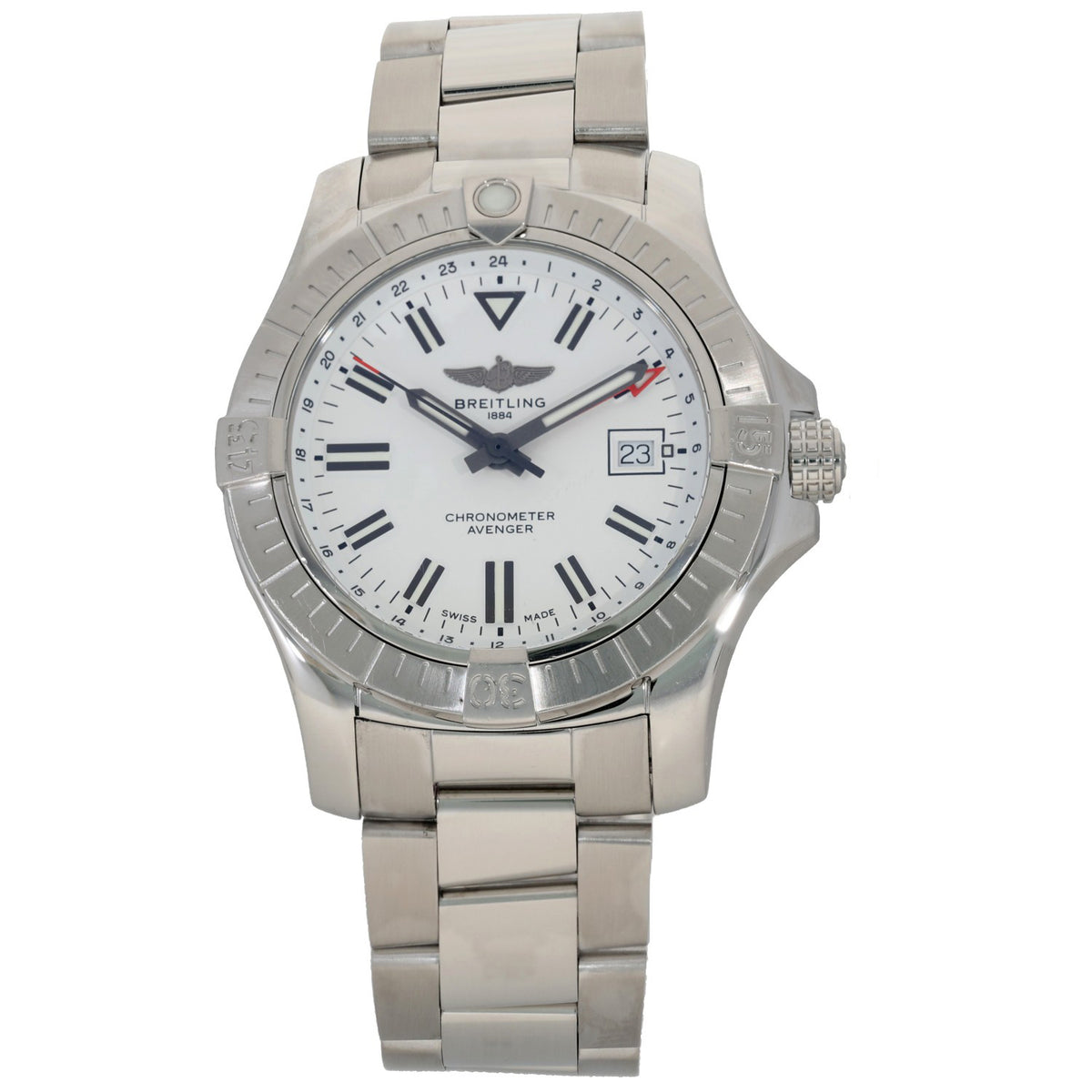 Breitling Avenger A32397 stainless steel wristwatch with white dial and date window at 23