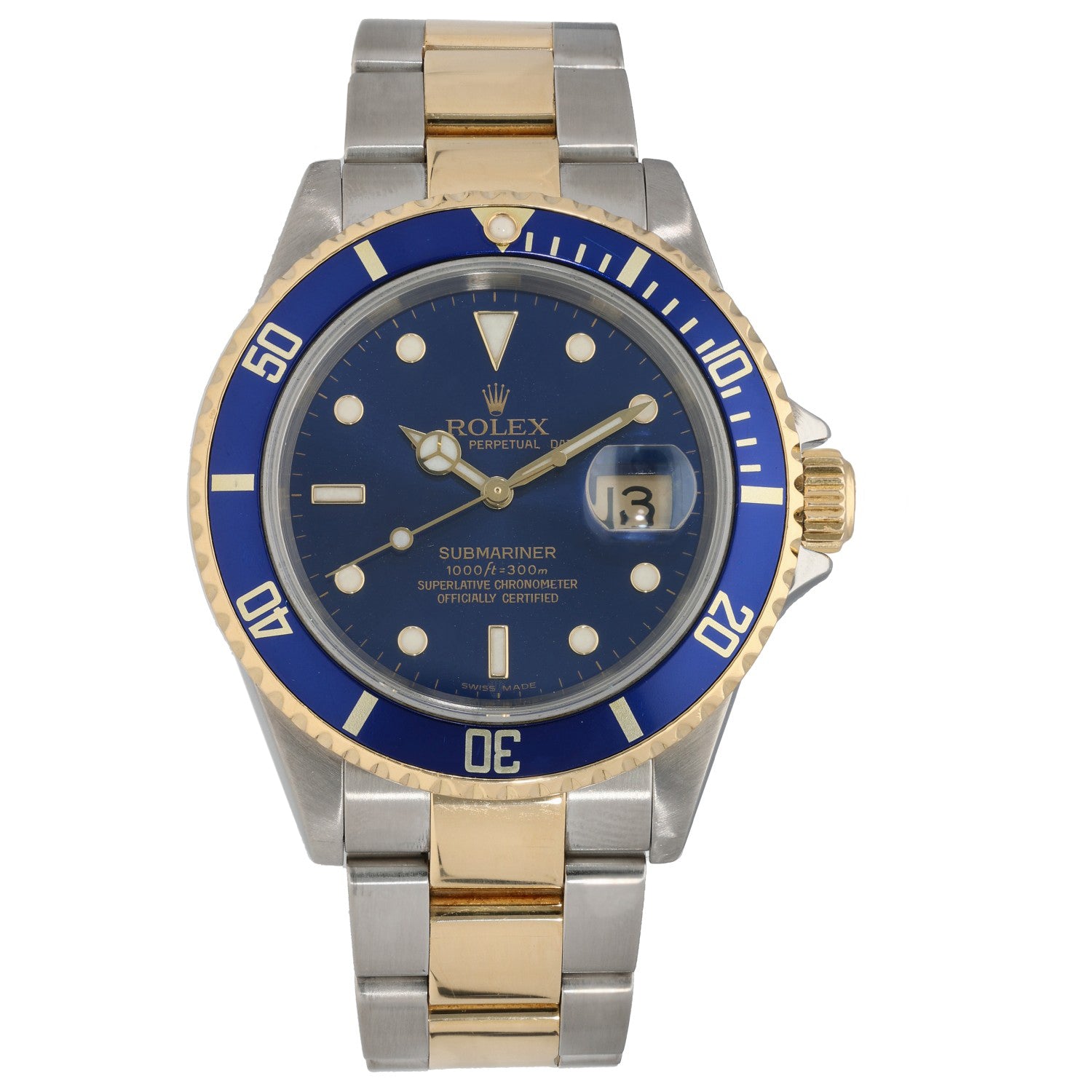 Bi-colour Rolex Submariner 16613 watch with blue dial, blue bezel, steel and gold bracelet